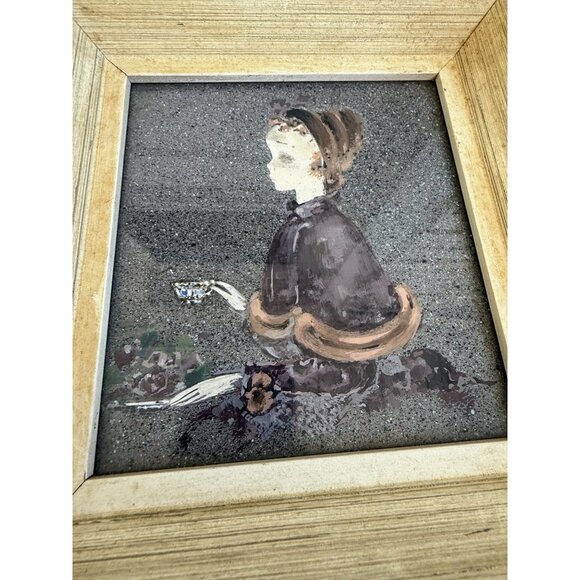 Vintage 40's Framed Acrylic Painting Creepy Victorian Girl Drinking Tea - Picture 2 of 16